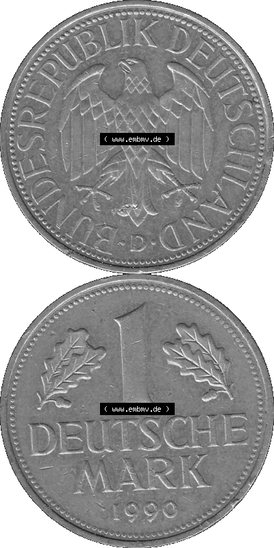 BRD Deutschland Münzen 1 / Eine DM / Eine Deutsche Mark in Graustufen PNG 1950-2001, 1 DM Deutsche Mark, 1990 Münzzeichen für... Sammlung