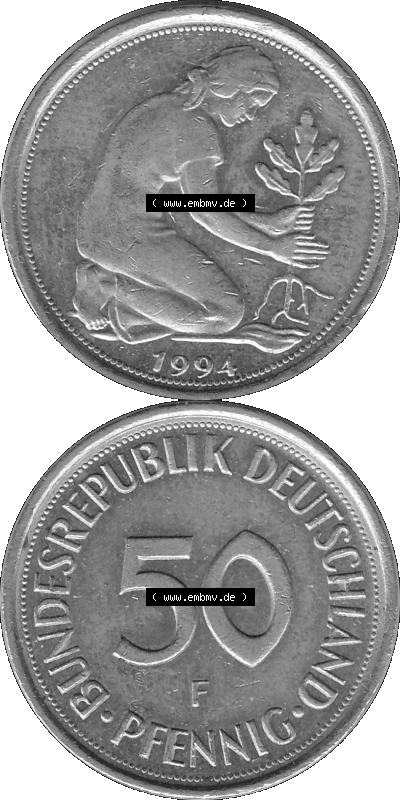 BRD Münzen Deutschland F 50 Pf. Umlaufmünze in Graustufen PNG 1950-2001, 50 Pfennig 1994 Münzzeichen "F" für Stuttgart - "F" Sammlung