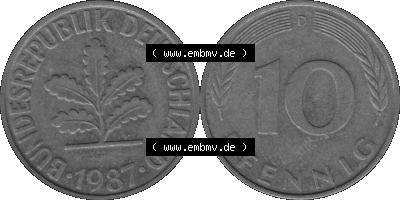 BRD Münzen 10 Pf. Umlaufmünze in PNG 1950-2001, 10 Pfennig 1987 D-01 Graustufen. Graustufen-Bilder der Vorderseite und Rückseite... Sammlung