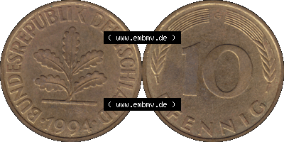 BRD Münzen 10 Pf. Umlaufmünze in PNG 1950-2001, 10 Pfennig 1994 G-01. Vorderseite und Rückseite mit Wert-Zahl auf einen Bild... Sammlung