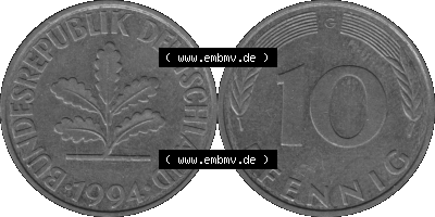 BRD Münzen 10 Pf. Umlaufmünze in PNG 1950-2001, 10 Pfennig 1994 G-12 Graustufen. Graustufen-Bild vom Scanner aus farbigen Bild... Sammlung