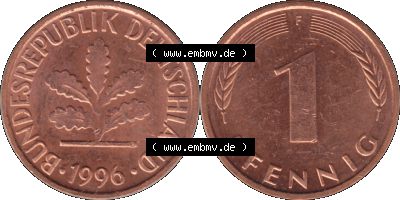 1 Pfennig Umlaufmünze in PNG 1950-2001, 1 Pfennig 1996, 1990er Jahre Stuttgart F Sammlung
