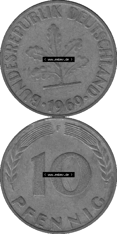 BRD Münzen 10 Pf. Umlaufmünze in PNG 1950-2001, 10 Pfennig 1969 F-01 Graustufen. Graues-Bild aus farbigen Bild erstellt mit... Sammlung
