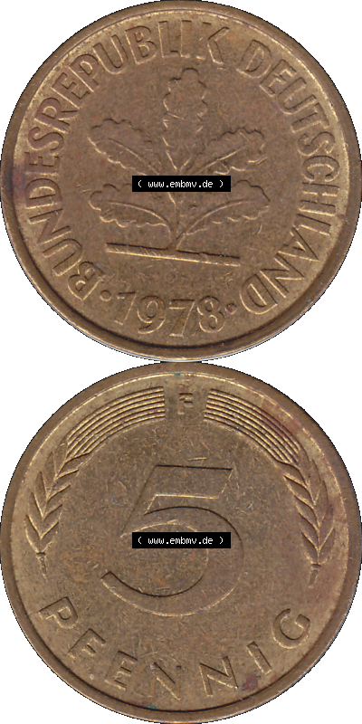 Umlaufmünze Bundesrepublik Deutschland der BRD 1950-2001, 5 Pfennig, 1978 Münzstätte Stuttgart Mzz. F Sammlung