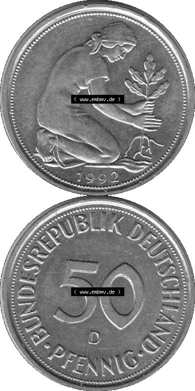 BRD Münzen Deutschland D 50 Pf. Umlaufmünze in Graustufen PNG 1950-2001, 50 Pfennig 1992 Münzzeichen "D" für München - "D" Sammlung