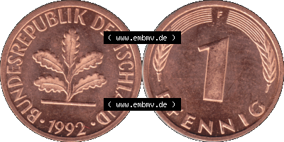 1 Pfennig Umlaufmünze in PNG 1950-2001, 1 Pfennig 1992, 1990er Jahre Stuttgart F Sammlung
