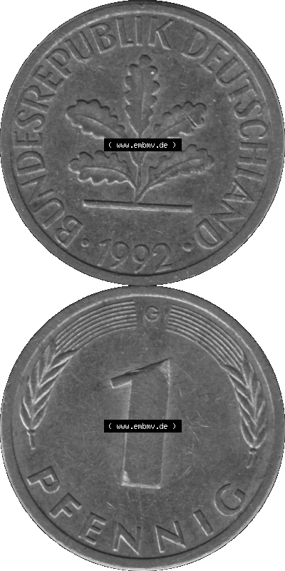 1 Pfennig BRD-Deutschland Umlaufmünze in Graustufen PNG 1950-2001, 1 Pfennig 1992, 1990er Jahre Münzstätte Karlsruhe G-01 Sammlung
