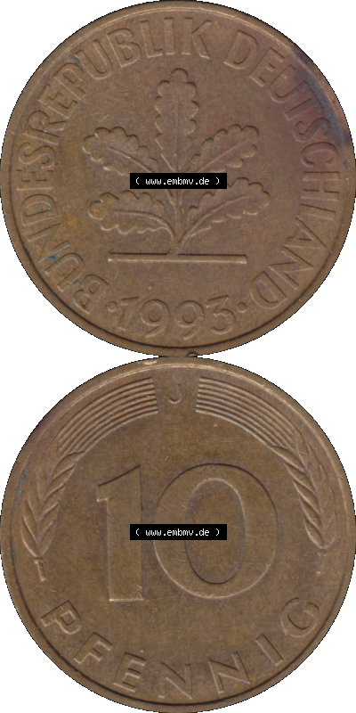 PNG 1950-2001, 10 Pfennig der Bundesrepublik Deutschland 1993 Münzstätte Hamburg Mzz. J Sammlung