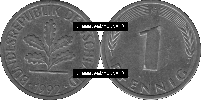 1 Pfennig BRD-Deutschland Umlaufmünze in Graustufen PNG 1950-2001, 1 Pfennig 1992, 1990er Jahre Münzstätte Karlsruhe G-01 Sammlung