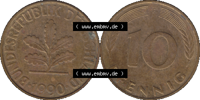 BRD Münzen 10 Pf. Umlaufmünze in PNG 1950-2001, 10 Pfennig 1990 F-01. Vorderseite und Rückseite mit Wert-Zahl auf einen Bild... Sammlung