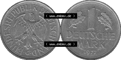 BRD Deutschland Münzen 1 / Eine DM / Eine Deutsche Mark in Graustufen PNG 1950-2001, 1 DM Deutsche Mark, 1977 Münzzeichen Karlsruhe... Sammlung