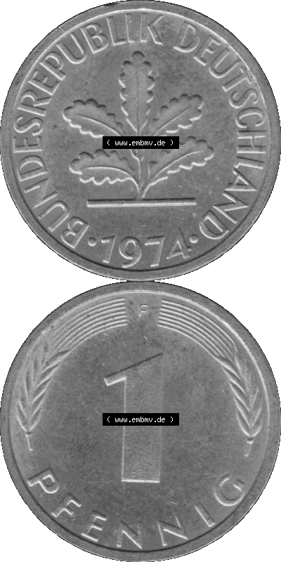 1 Pfennig Umlaufmünze in Graustufen PNG 1950-2001, 1 Pfennig 1974, 1970er Jahre Mzz. F Sammlung