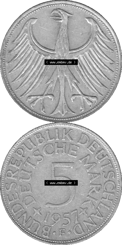 BRD Münzen 5 Deutsche Mark, 5 DM Silbermünze in 625/1000 Silber 1951-1974, 5 DM, 5 Deutsche Mark Silberadler, Heiermann 1957... Sammlung