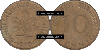 BRD Münzen 10 Pf. Umlaufmünze in PNG 1950-2001, 10 Pfennig 1970 D-01. Vorderseite und Rückseite mit Wert-Zahl auf einen Bild... Sammlung