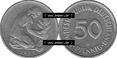 BRD Münzen Deutschland G 50 Pf. Umlaufmünze in Graustufen PNG 1950-2001, 50 Pfennig 1980 Münzzeichen "G" für Karlsruhe - "G" Sammlung