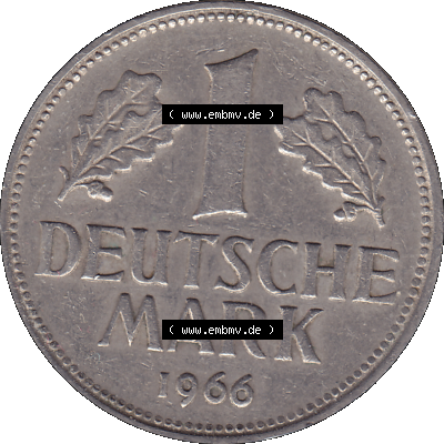 BRD Münzen 1 DM, Umlaufmünze 1950-2001, 1 / Eine DM - Eine Deutsche Mark, 1966 F-1. Münzen-Rückseite als transparente PNG-Grafik... Sammlung