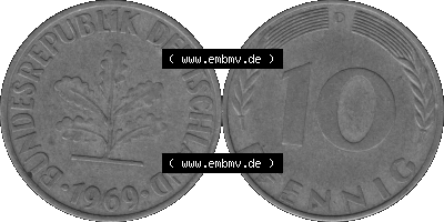 BRD Münzen 10 Pf. Umlaufmünze in PNG 1950-2001, 10 Pfennig 1969 D-01 Graustufen. Graustufen-Bilder der Vorderseite und Rückseite... Sammlung