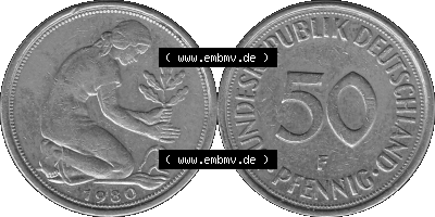BRD Münzen Deutschland F 50 Pf. Umlaufmünze in Graustufen PNG 1950-2001, 50 Pfennig 1980 Münzzeichen "F" für Stuttgart - "F" Sammlung