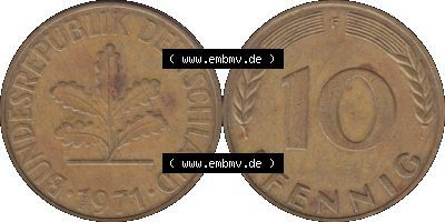 BRD Münzen 10 Pf. Umlaufmünze in PNG 1950-2001, 10 Pfennig 1971 F-05. Vorderseite und Rückseite mit Wert-Zahl auf einen Bild... Sammlung