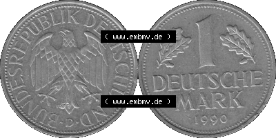 BRD Deutschland Münzen 1 / Eine DM / Eine Deutsche Mark in Graustufen PNG 1950-2001, 1 DM Deutsche Mark, 1990 Münzzeichen für... Sammlung