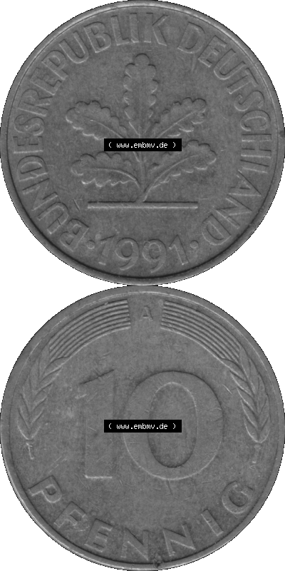 BRD Münzen 10 Pf. Umlaufmünze in PNG 1990-2001, 10 Pfennig 1991 A-03 Graustufen. Graustufen-Bilder mit Vorderseite und Rückseite... Sammlung