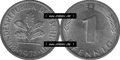 1 Pfennig BRD-Deutschland Umlaufmünze in Graustufen PNG 1950-2001, 1 Pfennig 1978, 1970er Jahre Münzstätte Karlsruhe G-01 Sammlung