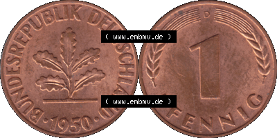 PNG 1950-2001, 1 Pfennig der BRD Deutschland 1950, 1950er Jahre Mzz. München D, 1 - Ein Pfennig Münze "D", mit Mzz. "D" für... Sammlung