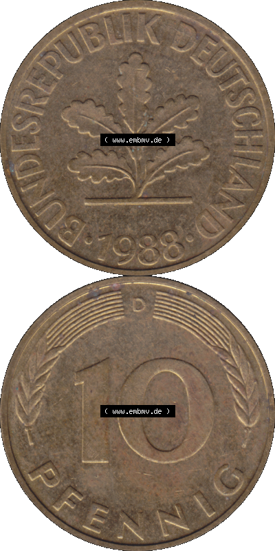 BRD Münzen 10 Pf. Umlaufmünze in PNG 1950-2001, 10 Pfennig 1988 D-01. Vorderseite und Rückseite auf einen Bild / Foto vertikal... Sammlung
