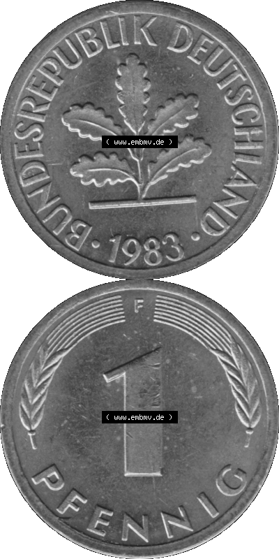 1 Pfennig Umlaufmünze in Graustufen PNG 1950-2001, 1 Pfennig 1983, 1980er Jahre Mzz. F Sammlung