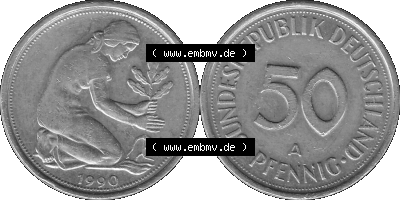 BRD Münzen Deutschland A 50 Pf. Umlaufmünze in Graustufen PNG 1990-2001, 50 Pfennig 1990 Münzzeichen "A" für Berlin - "A" Sammlung