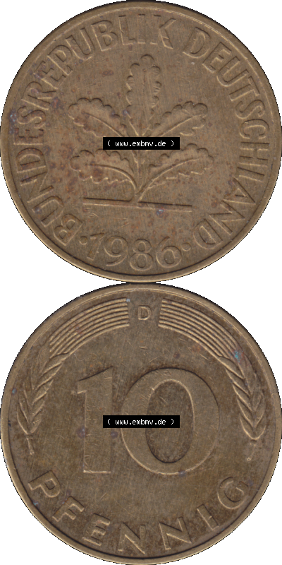 BRD Münzen 10 Pf. Umlaufmünze in PNG 1950-2001, 10 Pfennig 1986 D-01. Vorderseite und Rückseite auf einen Bild / Foto vertikal... Sammlung