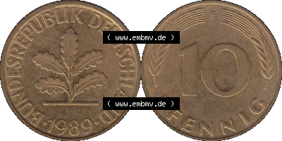 BRD Münzen 10 Pf. Umlaufmünze in PNG 1950-2001, 10 Pfennig 1989 F-02. Vorderseite und Rückseite mit Wert-Zahl auf einen Bild... Sammlung
