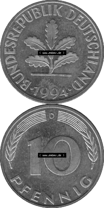 BRD Münzen 10 Pf. Umlaufmünze in PNG 1950-2001, 10 Pfennig 1994 D-02 Graustufen. Graustufen-Bild erstellt aus Farbigen Bild... Sammlung