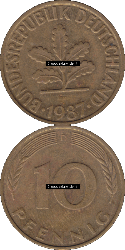 BRD Münzen 10 Pf. Umlaufmünze in PNG 1950-2001, 10 Pfennig 1987 D-01. Vorderseite und Rückseite auf einen Bild / Foto vertikal... Sammlung