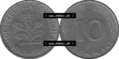 BRD Münzen 10 Pf. Umlaufmünze in PNG 1950-2001, 10 Pfennig 1989 G-01 Graustufen. Graustufen-Bild vom Scanner aus farbigen Bild... Sammlung
