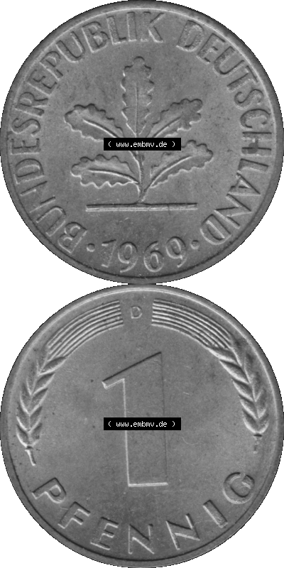 1 Pfennig Umlaufmünze in Graustufen PNG 1950-2001, 1 Pfennig 1969 München D Sammlung