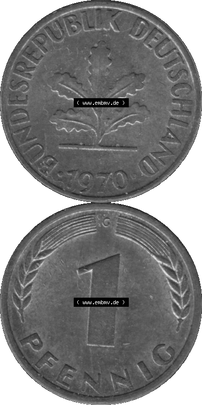 1 Pfennig BRD-Deutschland Umlaufmünze in Graustufen PNG 1950-2001, 1 Pfennig 1970, 1970er Jahre Münzstätte Karlsruhe G-01 Sammlung