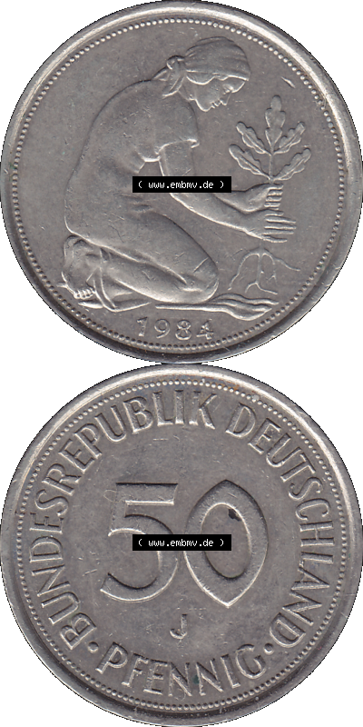 PNG 1950-2001, 50 Pfennig BRD Deutschland 1984 Münzstätte Hamburg Mzz. J Sammlung