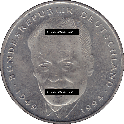2 DM, Deutsche Mark Deutschland Willy Brandt - Herbert Frahm 1994 Münzzeichen Stuttgart Mzz. F Sammlung