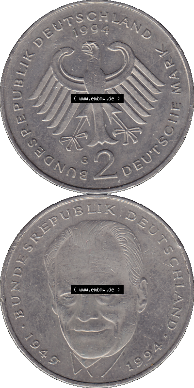 2 DM, Deutsche Mark Deutschland Willy Brandt - Herbert Frahm 1994 Münzzeichen Karlsruhe Mzz. G Sammlung