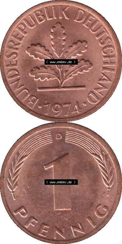 PNG 1950-2001, 1 Pfennig der BRD Deutschland 1974, 1970er Jahre Mzz. München D, 1 - Ein Pfennig Münze "D", mit Mzz. "D" für... Sammlung