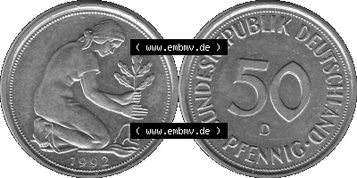 BRD Münzen Deutschland D 50 Pf. Umlaufmünze in Graustufen PNG 1950-2001, 50 Pfennig 1992 Münzzeichen "D" für München - "D" Sammlung