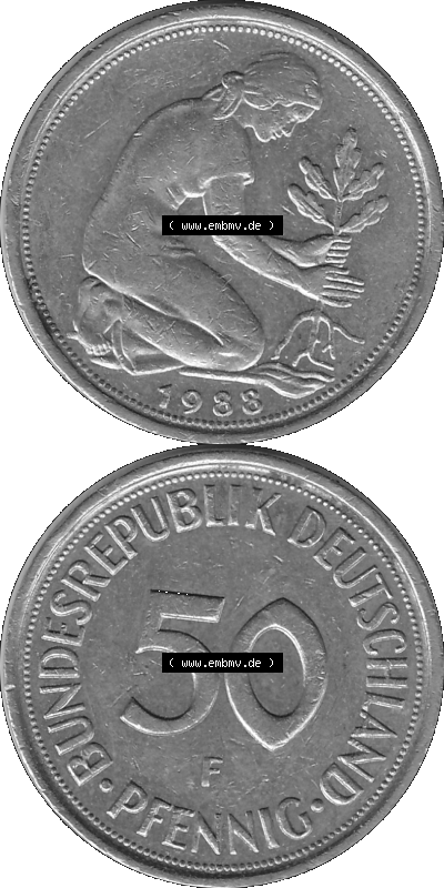 BRD Münzen Deutschland F 50 Pf. Umlaufmünze in Graustufen PNG 1950-2001, 50 Pfennig 1988 Münzzeichen "F" für Stuttgart - "F" Sammlung