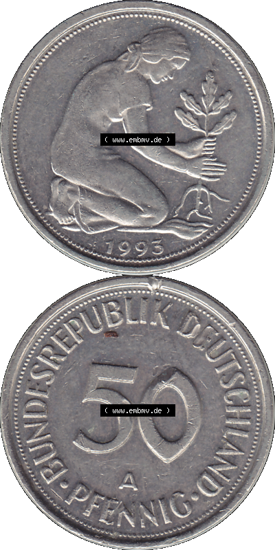 PNG 1990-2001, 50 Pfennig BRD Deutschland 1993 Mzz. Berlin A Sammlung