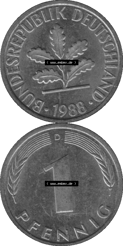 1 Pfennig Umlaufmünze in Graustufen PNG 1950-2001, 1 Pfennig 1988 München D Sammlung