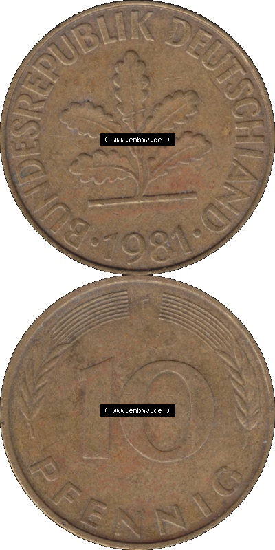 BRD Münzen 10 Pf. Umlaufmünze in PNG 1950-2001, 10 Pfennig 1981 F-01. Vorderseite und Rückseite auf einen Bild / Foto vertikal... Sammlung