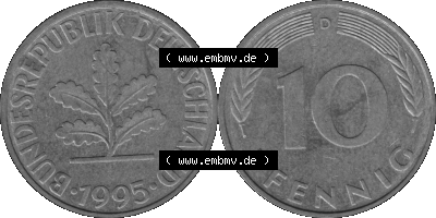 BRD Münzen 10 Pf. Umlaufmünze in PNG 1950-2001, 10 Pfennig 1995 D-01 Graustufen. Graustufen-Bilder der Vorderseite und Rückseite... Sammlung