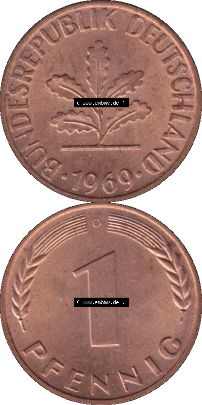 PNG 1950-2001, 1 Pfennig der BRD Deutschland 1969, 1960er Jahre Mzz. München D, 1 - Ein Pfennig Münze "D", mit Mzz. "D" für... Sammlung