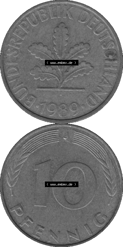 BRD Münzen 10 Pf. Umlaufmünze in PNG 1950-2001, 10 Pfennig 1989 J-12 Graustufen. PNG-Bild in transparenten Graustufen aus zwei... Sammlung