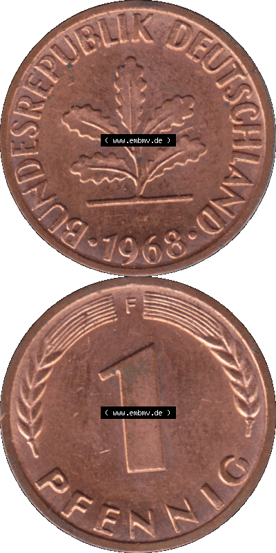 1 Pfennig Umlaufmünze in PNG 1950-2001, 1 Pfennig 1968, 1960er Jahre Stuttgart F, 1 / Ein Pfennig Münze Stuttgart Mzz. F Sammlung